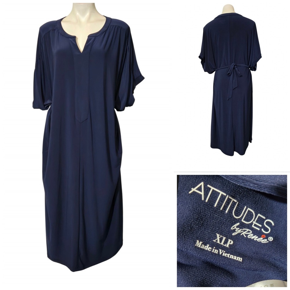 Attitudes by Renee Navy Blue Dolman Sleeve Tie Back Maxi Dress XLP Pockets